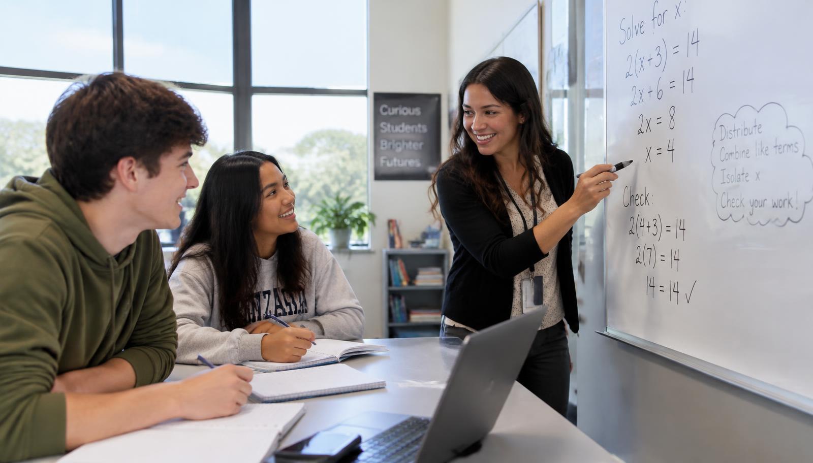A tutor explaining algebra on a whiteboard to two smiling secondary school students
